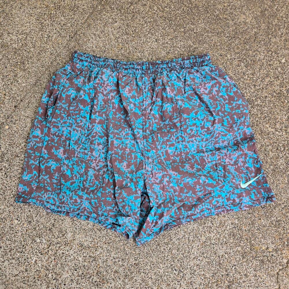 Vtg 90s NIKE Embroidered Swoosh Logo Abstract All Over Print Athletic Shorts Lg
